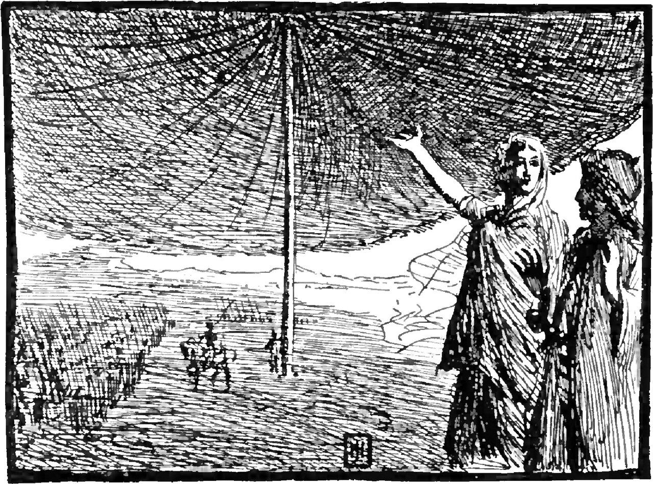 An enormous tent canopy carried on one distant central pole spreads across the whole upper half of the picture over a plain filled with the massed ranks and baggage of an army, and at the right a woman in a veil and long cloak reaches up to hold the canopy's edge while a second robed figure stands in profile behind her