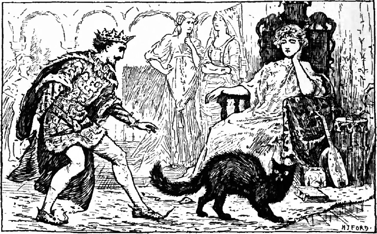 The King, crowned and in a patterned tunic under a fur-trimmed cloak, takes a long stride with one arm outstretched and his foot coming down on the floor short of a big black cat, which walks past him with its back arched and its bushy tail curled up clear of his shoe, while the Princess watches from a high-backed chair with a jewelled circlet on her head and her chin resting on her hand, and two women stand looking on behind, one with a hand on her hip and one in a tall veiled headdress with her arms folded