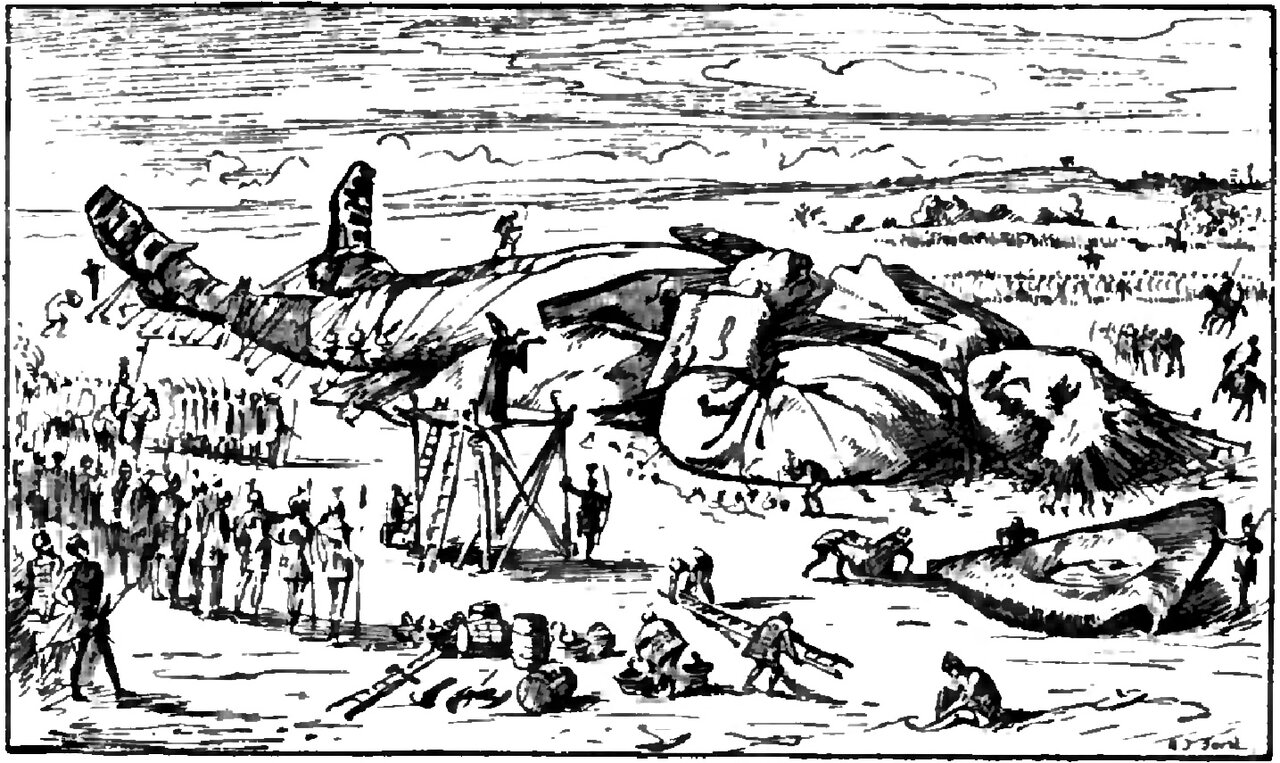 The Man-Mountain lies on his back on open ground, his buckled shoes pointing at the sky, his body roped down to the ground and his long hair spread out around his head, while ranks of tiny soldiers with pikes, mounted men, and workmen with casks, poles and ladders crowd around him and two small figures stand with arms raised on a low wooden stage set beside him