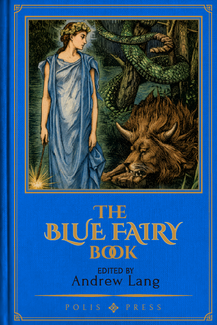 A woman in a blue robe stands in a wood, a lit wand in her hand, while a great green serpent coils through the branches behind her and a maned beast lowers its head towards her.