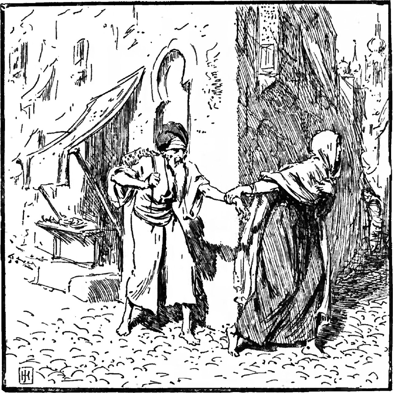 Baba Mustapha, an old bearded man in a striped turban and a long sashed robe, stands barefoot in a narrow street outside a stall with a sloping awning and holds out his open hand to Morgiana, who is wrapped from head to foot in a veil and bends forward to lay her hand in his, with a dome and a slender minaret far off at the head of the street