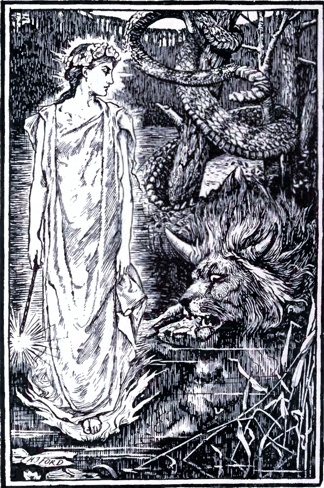 The Fairy Truth stands at the left in a long white gown falling in folds to her bare feet, a wreath on her head and light breaking out round it, a wand in her lowered hand flaring like a star at its tip, and looks across at Prince Darling turned into the monster, which crouches low among the reeds with a lion's maned head and a bull's horns while its serpent's tail coils high up through the dark trees behind