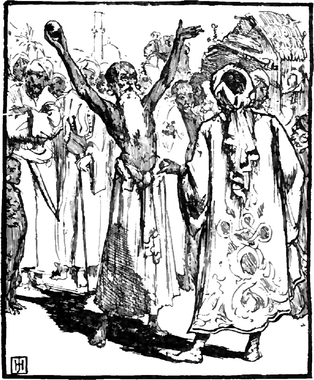 An old man with a long white beard stands bare-headed in a street with both arms flung up and his mouth open, holding a small round fruit between the fingers of one raised hand, hemmed in by robed and turbaned men, one of whom leans in at the left, while a tall figure in a heavily embroidered robe and a dark head covering stands with its back to us in the right foreground