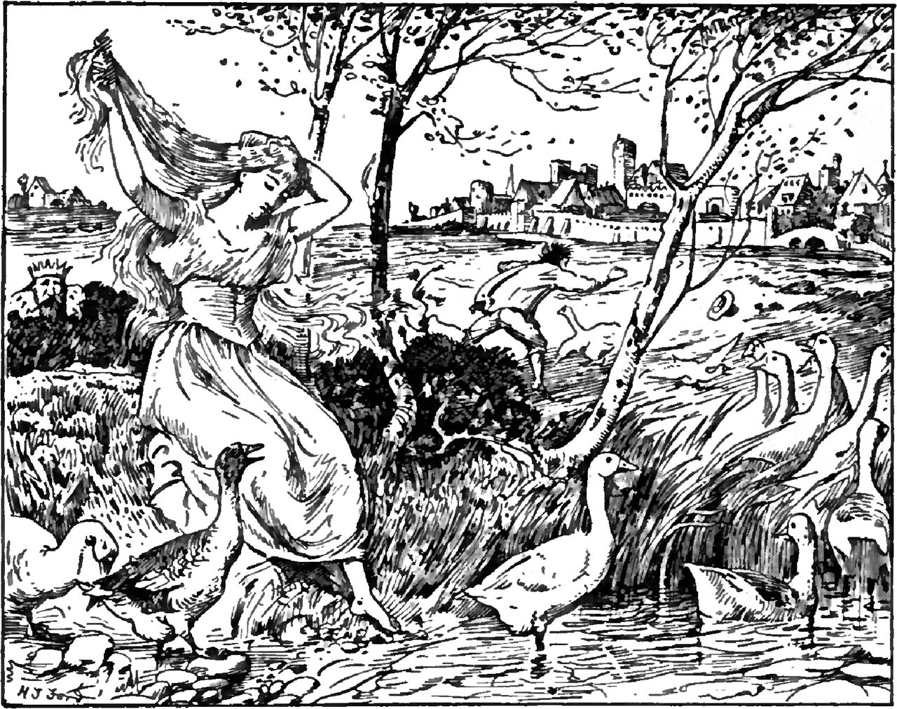 The goose-girl kneels on the grassy bank with her loose hair streaming in the wind, one hand raised holding a hank of it and the other at the back of her head, while Curdken runs bare-headed away from her toward his hat lying on the ground, geese standing around them and in the shallows, and a walled town with towers and a bridge across the water behind