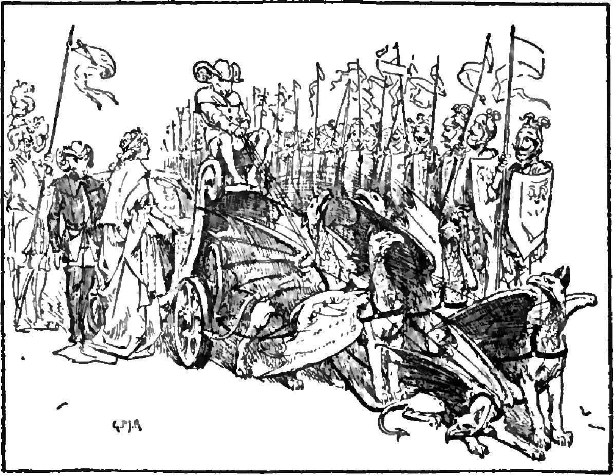 Miranda, in a long trailing gown, moves toward a two-wheeled chariot harnessed to a team of winged beasts with beaked heads, pointed ears and clawed feet, a driver in a large plumed hat seated at the front holding the reins, an attendant in doublet and hose standing beside her at the left, and a crowd of guards with pikes, pennons and a tall shield ranked behind