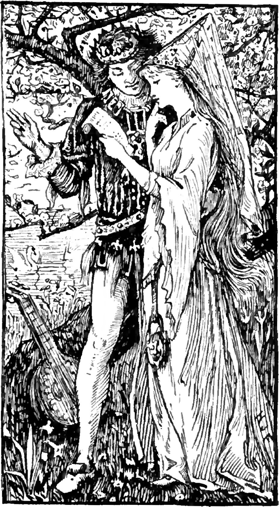 A young man in a plumed cap, a slashed and studded doublet, a broad belt and hose stands close against a tall woman in a long pale gown and a high pointed hennin with a veil falling from it down her back; she has both hands on his arm and he lifts his other hand open in front of him; a lute lies propped on the bank at the lower left and blossoming branches fill the ground behind