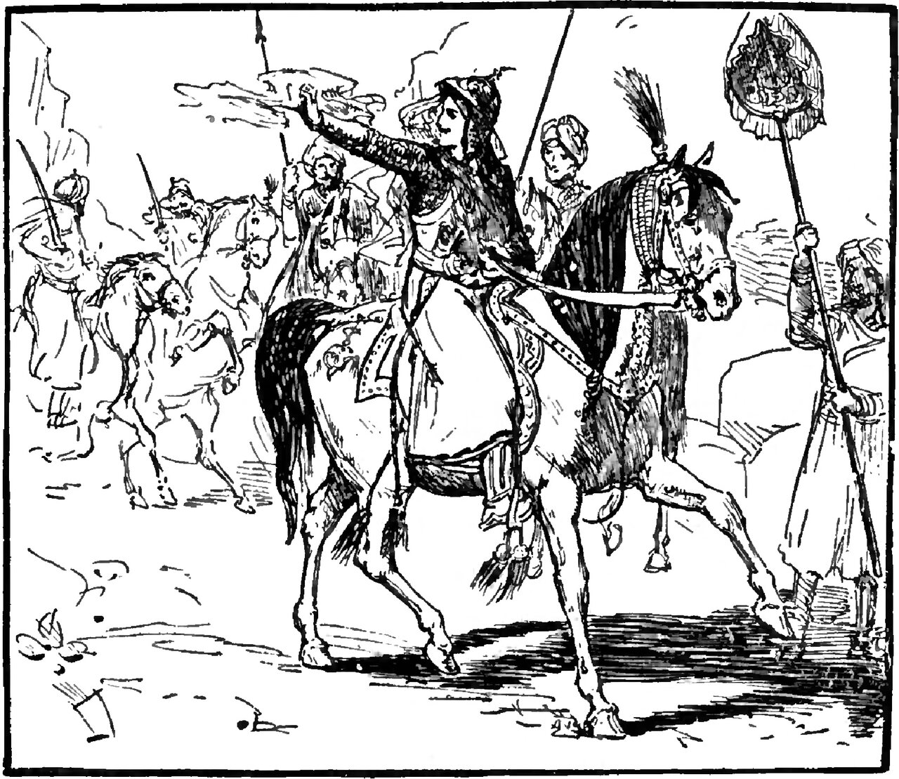 A young man in a plumed cap and a patterned coat rides a richly harnessed horse forward at a walk with one arm flung up and back, hand open, while mounted attendants with upright lances follow behind him and a man on foot at the right carries a tall fringed and ornamented standard