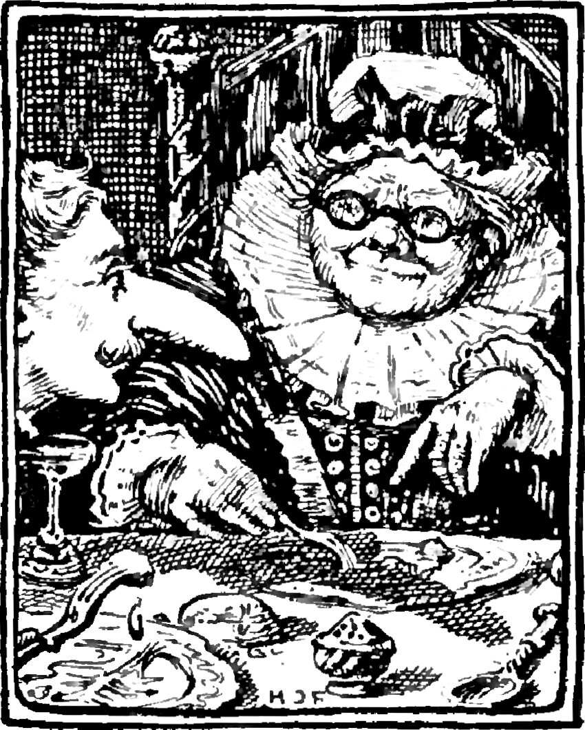 Prince Hyacinth is at a supper table seen in profile from behind, his enormous nose reaching right out across the cloth toward the dishes, and opposite him the old Fairy, in a frilled cap and a wide pleated ruff over a buttoned bodice, with large round spectacles set on her very short nose, rests her cheek on her hand and looks toward him across a stemmed wine glass, plates, a knife and a small dish