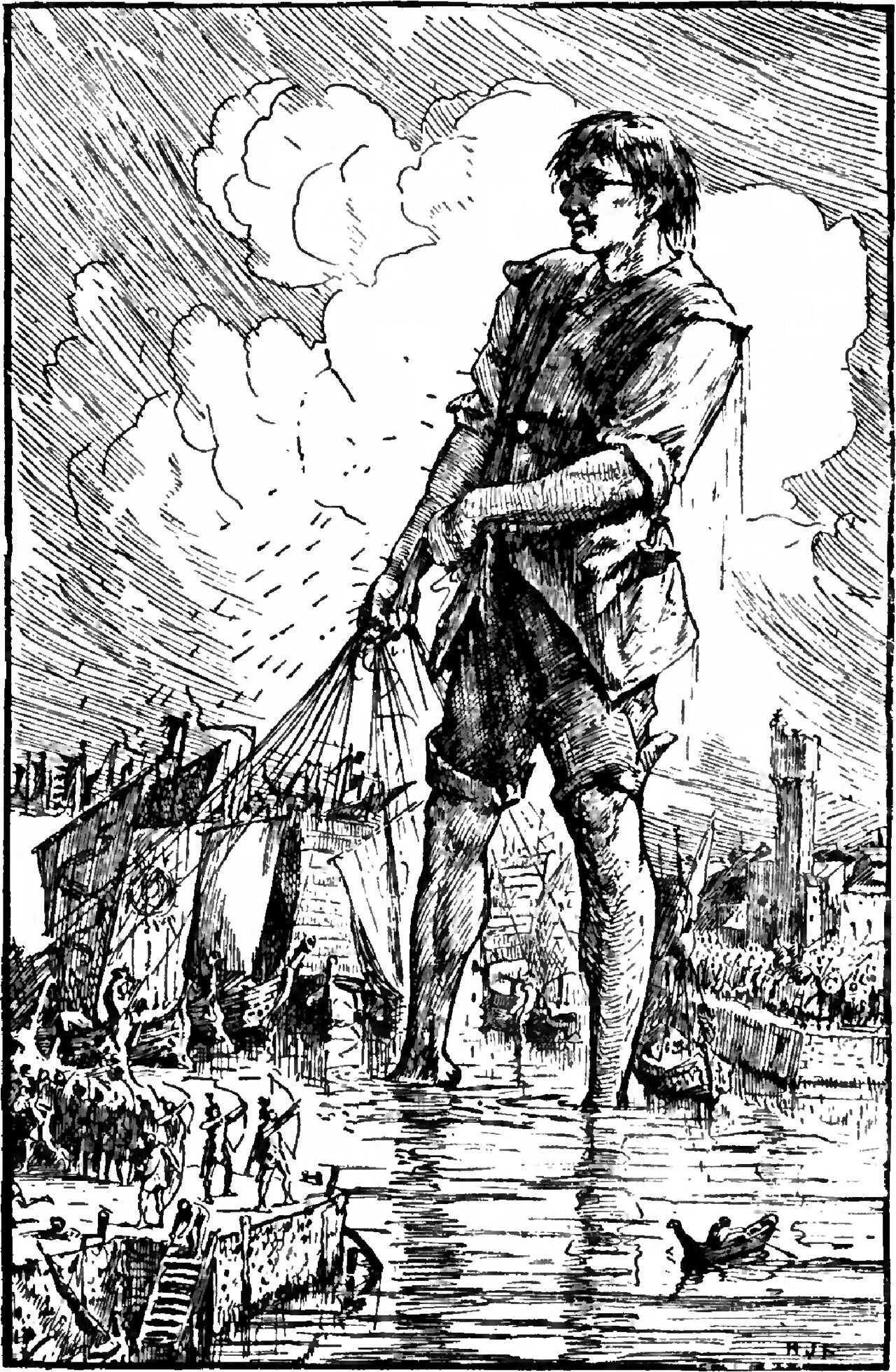 The Man-Mountain stands barefoot in shallow harbour water wearing spectacles, looking back over his shoulder, one hand gripping the knot of many cables that fan back to a group of sailing ships behind him, with crowds on the quays to left and right, figures holding bows on the jetty at the left, and the towers of a town at the right