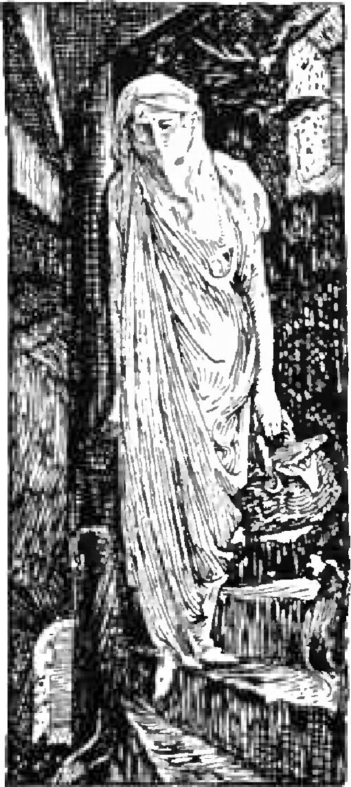 A woman stands in a long clinging robe with a veil laid over her head and falling to her shoulders, on stone slabs in a dark place walled with rock, one hand lowered at her right side toward a small crouching creature on a ledge beside her