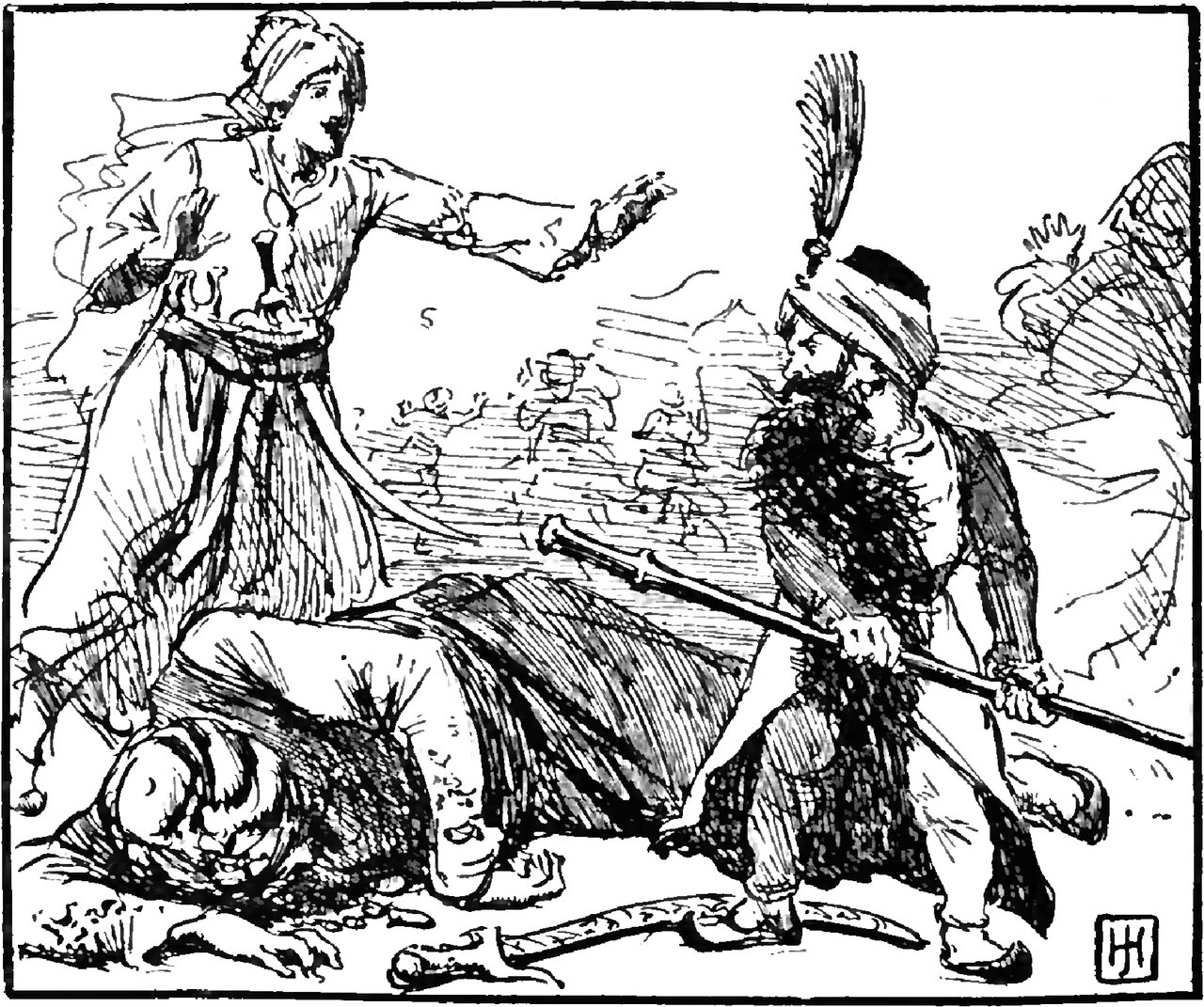 Schaibar strides forward gripping his iron bar level in both hands, a turbaned figure in a spotted cape lying face down on the ground in front of him with one hand outstretched and a sheathed curved sword fallen beside it, while a young man with a moustache, a head-cloth and a sashed tunic stands over the body with one hand flung out toward Schaibar, small figures run away in the middle distance, and another person at the right edge throws up a hand