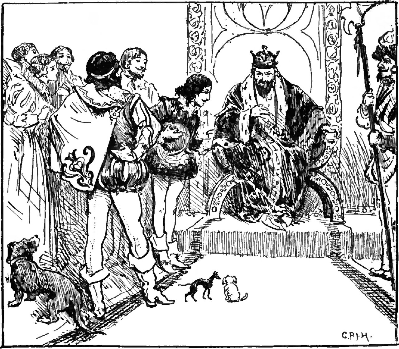 A young man bows toward a crowned king who sits in a fur-lined robe on a canopied throne and reaches out to him, his broad hat held against his chest, while a second young man in an embroidered cloak stands beside him, courtiers watch from the left, a guard with a staff stands at the right, a large shaggy dog sits in the near left corner and two small dogs face each other on the floor before the throne