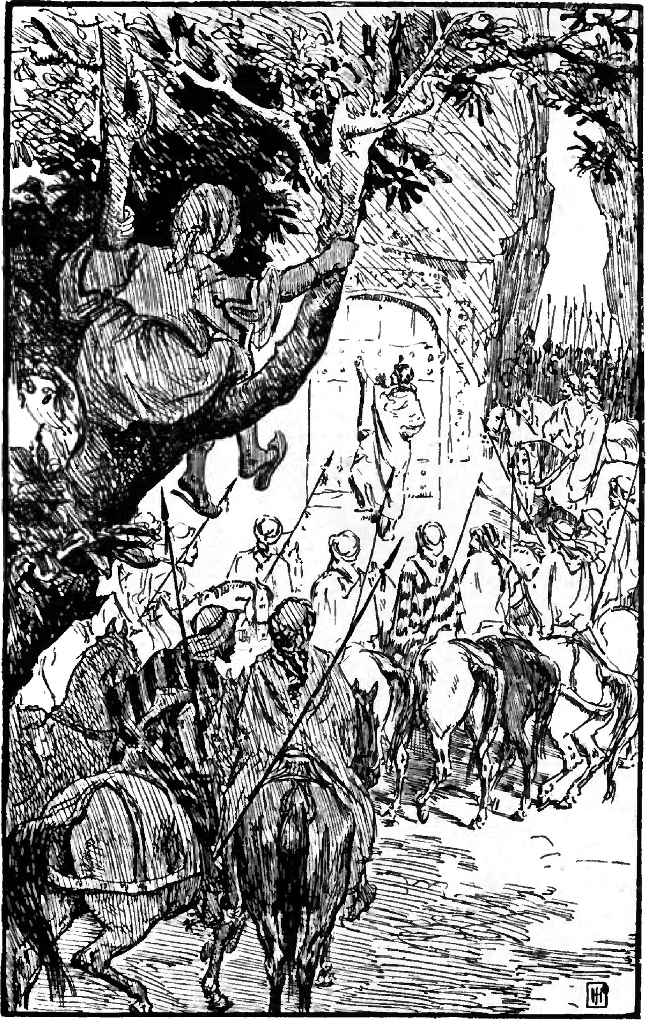 Ali Baba crouches hidden among the branches of a tree at the upper left, clinging to a bough and peering down, while below him a band of robbers in turbans rides past on horseback with long lances toward a great door in the rock, where their captain stands with one arm raised before it