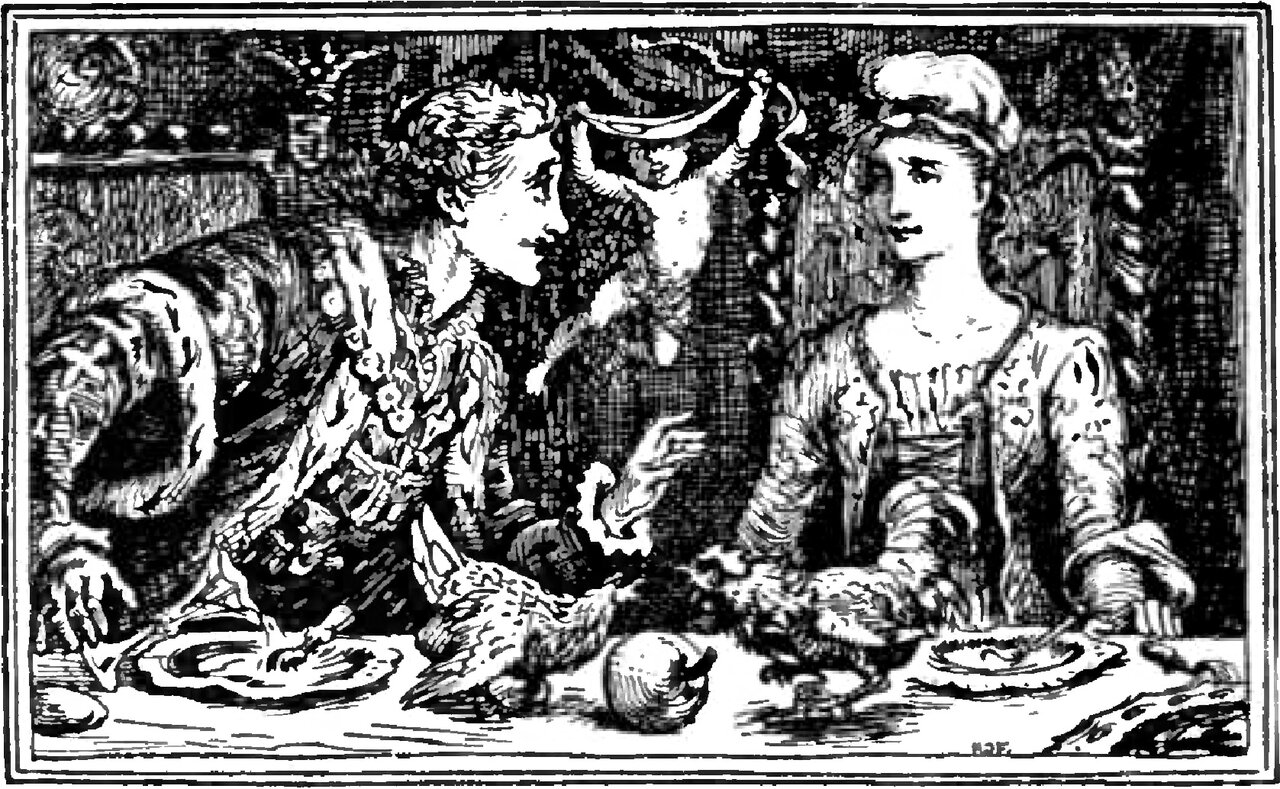 The Prince, bare-headed in a flowered doublet, and the Master-maid in a soft cap sit at a laid table set with plates, turned toward one another, while on the cloth between them two fowl square up over a round apple with its stalk and leaf