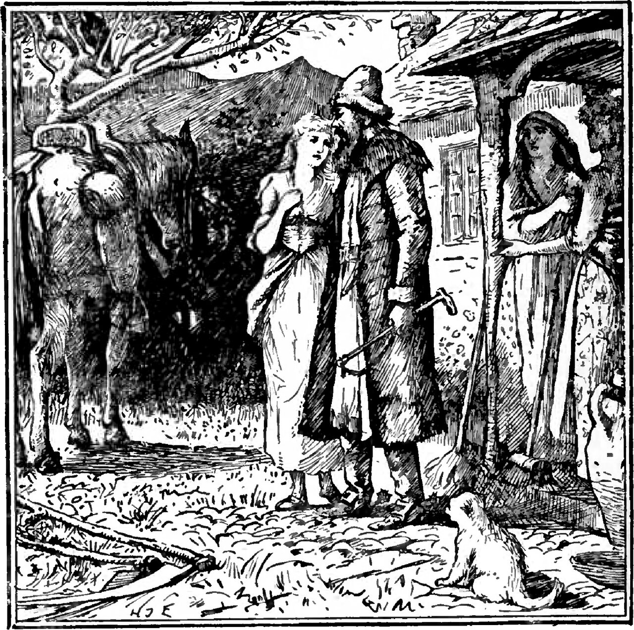 Outside a cottage the merchant, a bearded man in a broad soft hat and a long coat with a heavy collar, stands with a crook-handled stick in his hand while a fair-haired young woman presses close against his side and a second young woman watches from the porch with her arms folded, a saddled horse waiting behind him and a small white dog sitting in the foreground