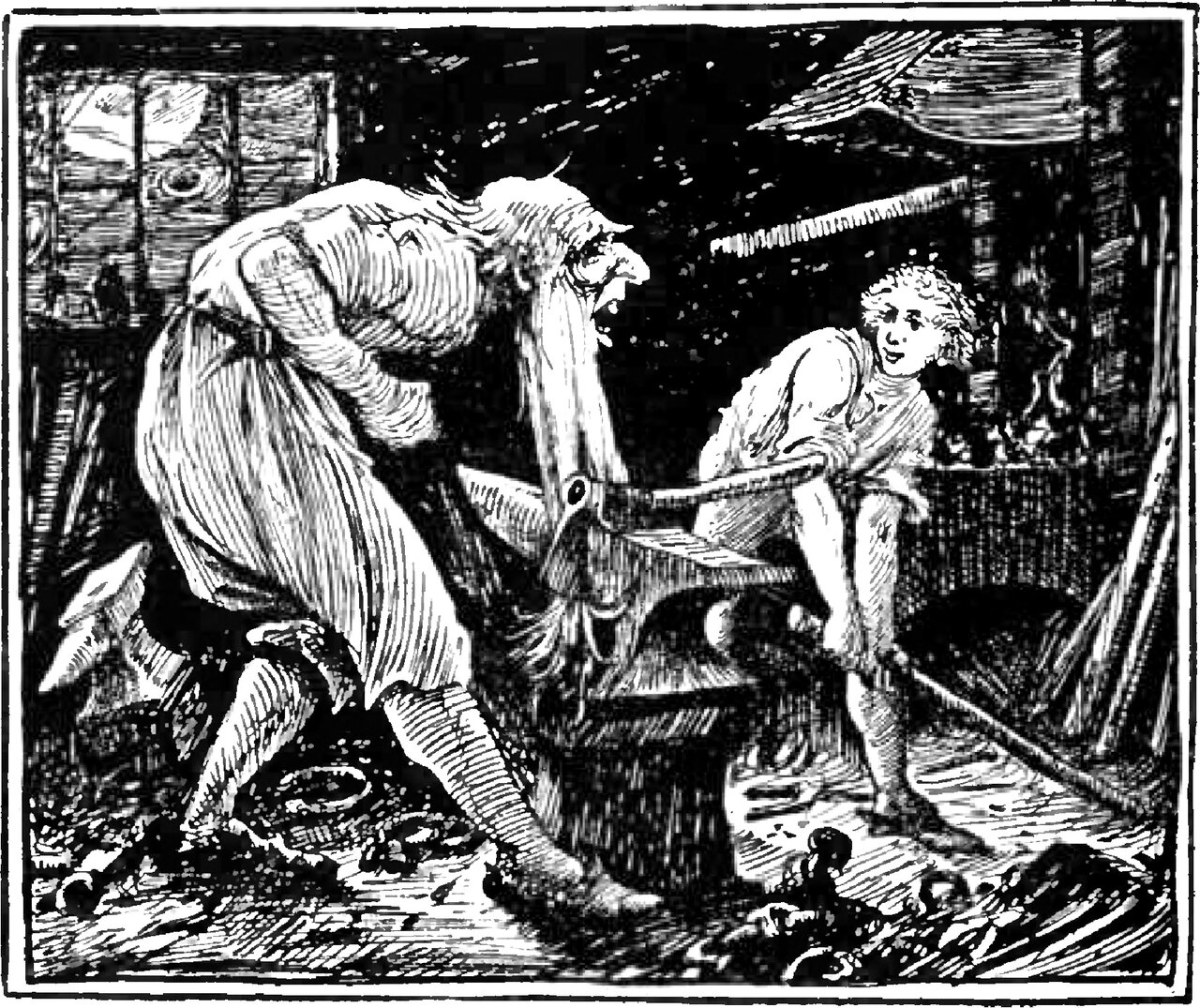 In a forge a huge old man is bent double over an anvil, his long white beard hanging down across it and his mouth open, while the youth leans in from the right with both hands closed on a long shaft whose end is at the anvil, a saw hanging on the wall behind him