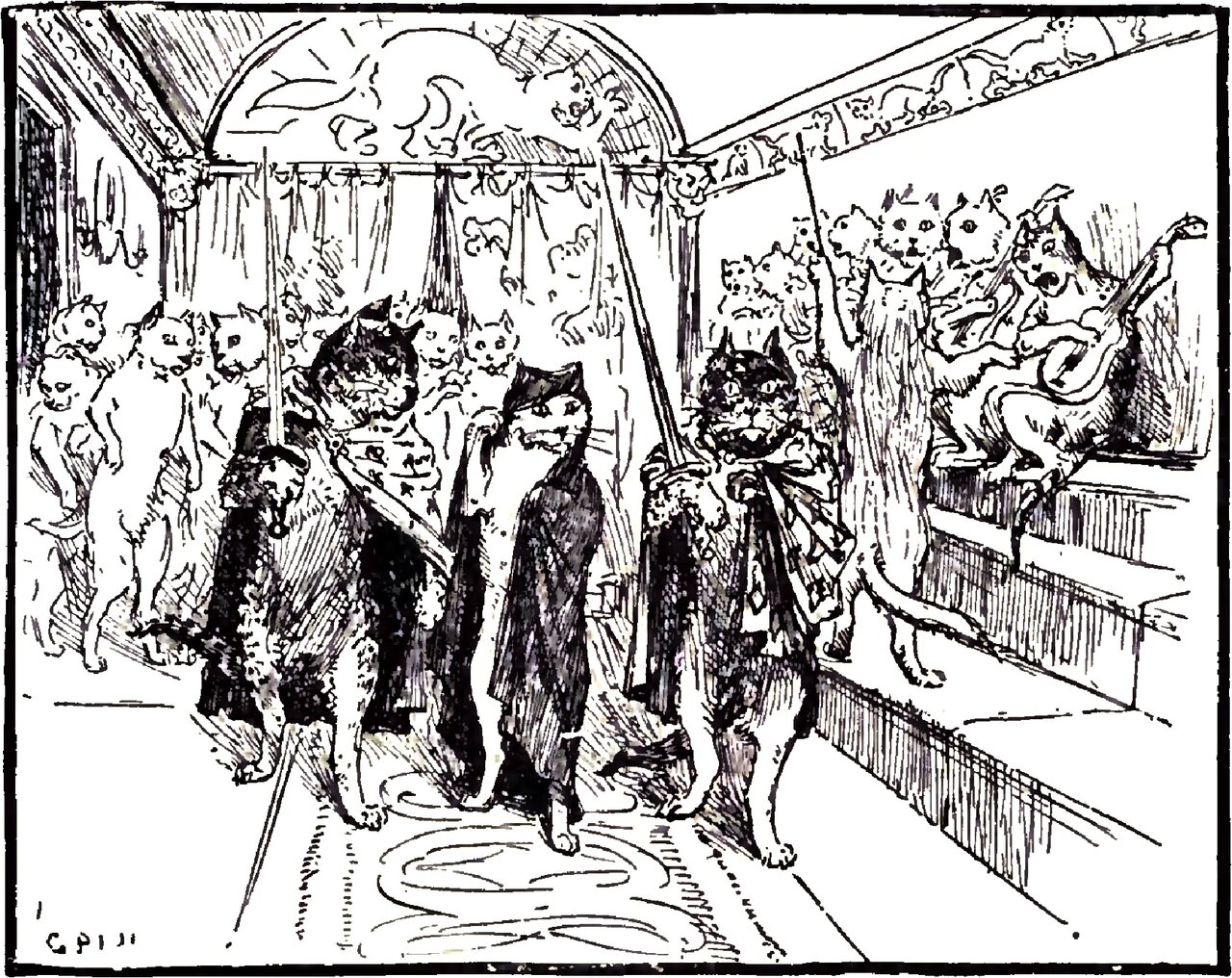 A small cat in a dark hood and long cloak, its face uncovered, walks forward through a curtained hall between two larger cats in fur-trimmed cloaks who carry swords upright, a crowd of cats standing behind and cats with guitars perched on a step at the right