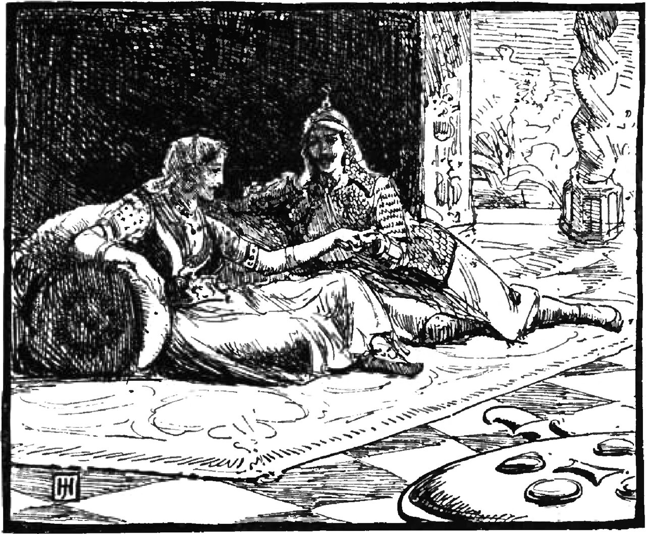 A young man in an embroidered jacket and loose white trousers reclines against a round bolster on a carpet, and a young woman in a jewelled headdress with a string of beads hanging beside her face reclines facing him, propped on one arm, their hands meeting between them, with a large round tray of covered dishes on the tiled floor in the foreground and an archway at the right opening onto rocks and foliage