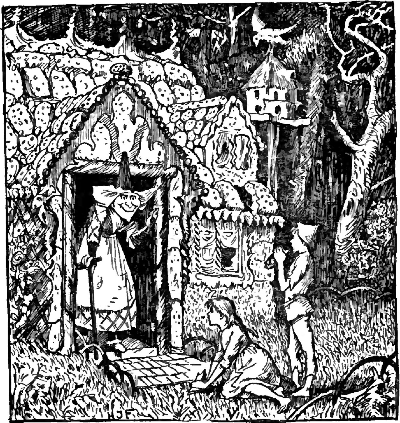 An old woman with a long nose and a broad grin stands in the doorway of a cottage whose walls and roof are built of big speckled cakes, one hand on a tall staff and the other lifted at her breast, while Grettel kneels on the grass beside the doorstep in profile facing her and Hansel stands at the right with one hand raised to his mouth, a dovecote on a post and birds in the trees above