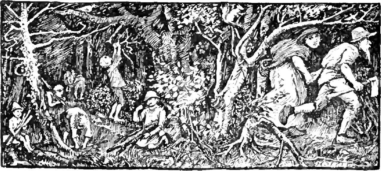 A wide band across the page in which half a dozen small boys gather fallen sticks among the trees of a thick wood, while at the right a woman in a broad hat glances back over her shoulder as she and a man in a broad-brimmed hat step away over the tree roots