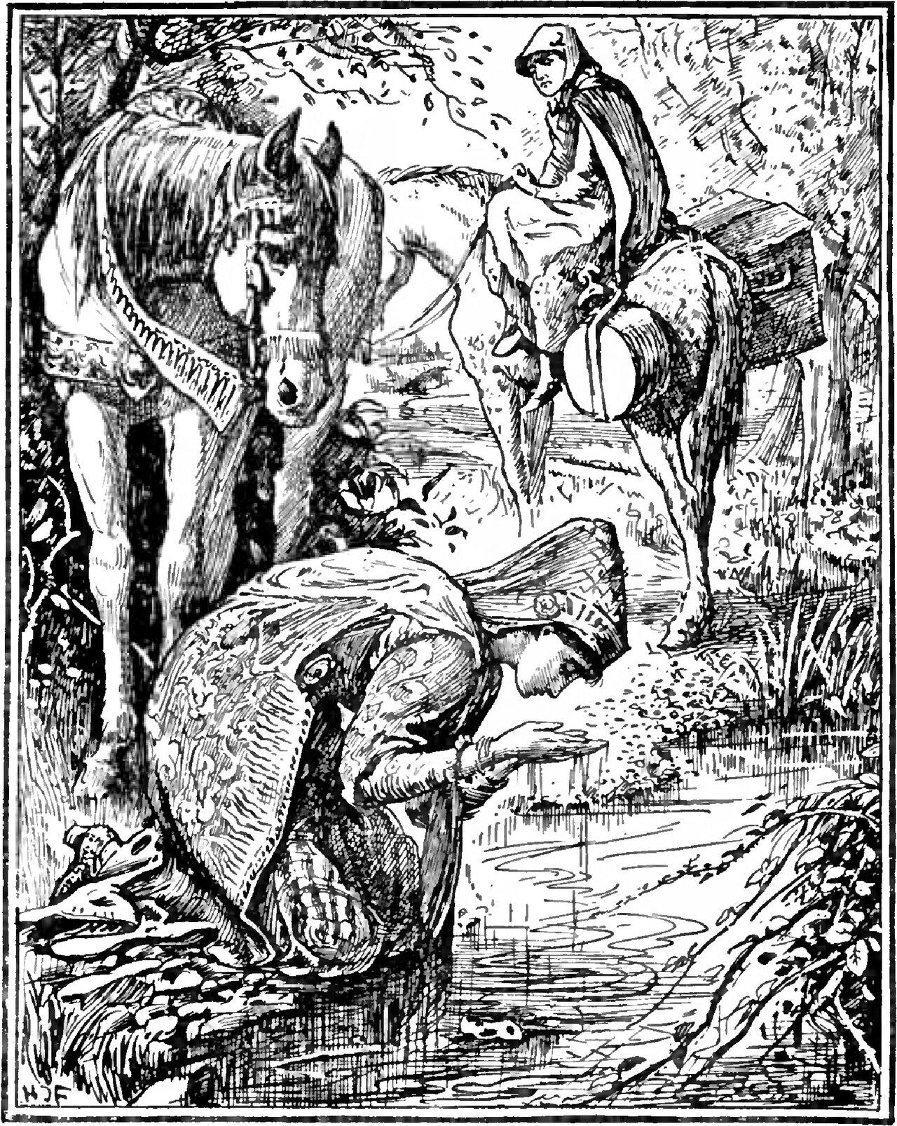 The Princess kneels at the edge of a wooded stream and bends low over the water with one hand reaching down into it, a riderless horse in an ornamented breast band stooping its head above her, while the waiting-maid sits side-saddle on the second horse behind, in a close hood and long cloak, looking down at her past a strapped travelling chest and a round box slung at the horse's flank