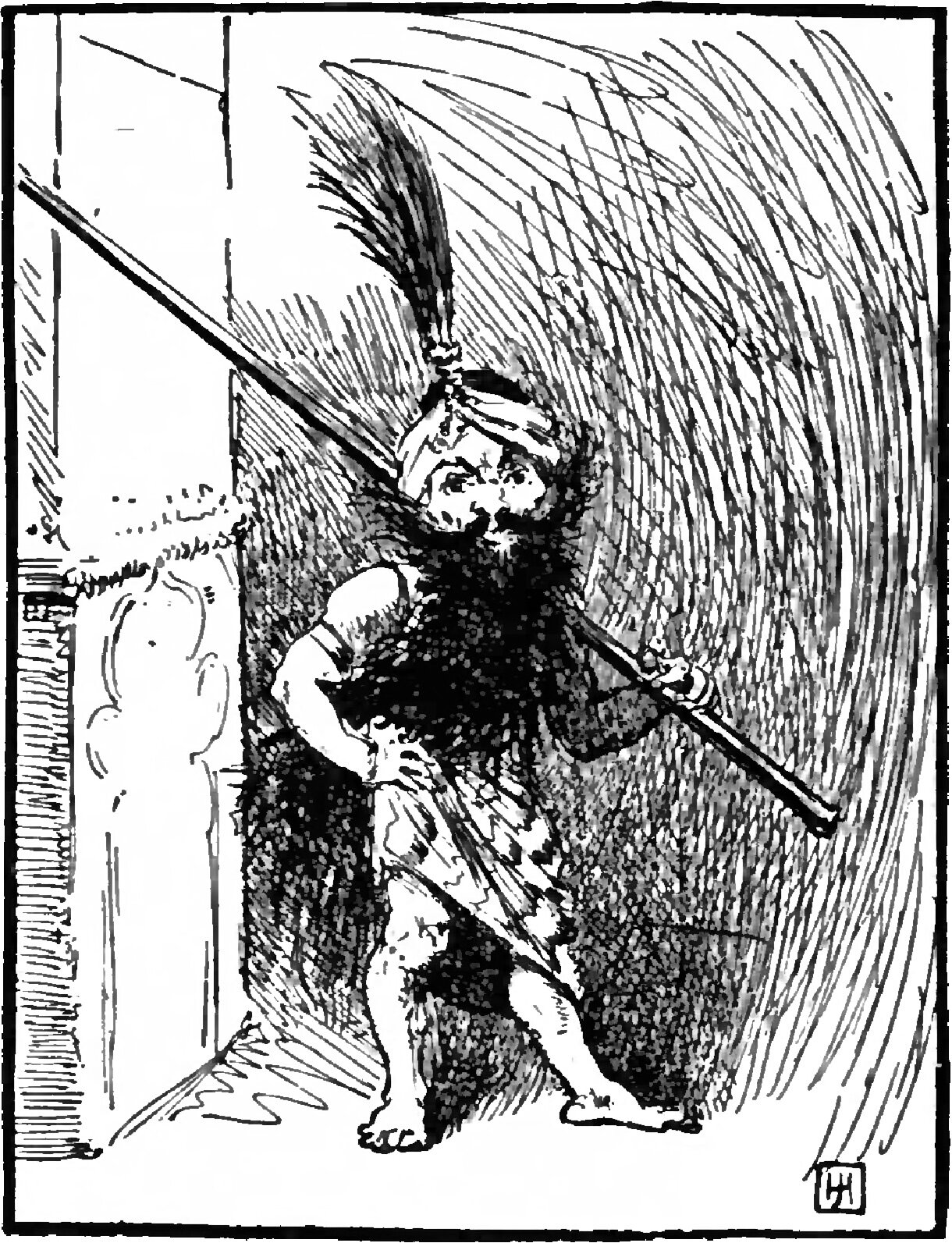 Schaibar stands barefoot in a doorway against a vast swirl of smoke, a squat dwarf with a huge black beard covering him from chin to knee and a tall plume rising from the band round his head, one hand on his hip and the other gripping a long iron bar slung diagonally across his shoulder