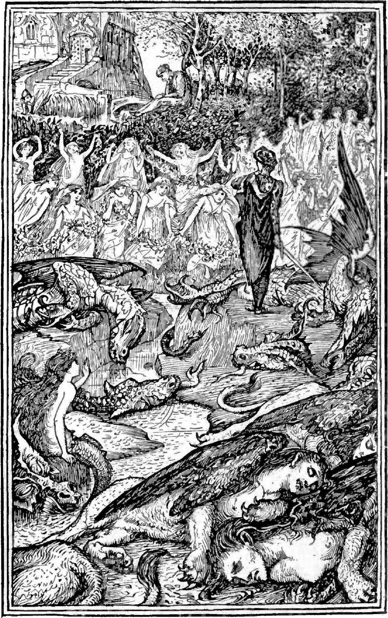 The King of the Gold Mines, in a dark cloak and a small cap with a sword in his hand, walks down a path strewn with slain winged dragons, while behind him a great crowd of maidens in light flowing dresses dance among the trees with their arms raised, a castle stands on a hill at the top left, and two winged creatures with the faces and long hair of women lie with their eyes closed in the foreground