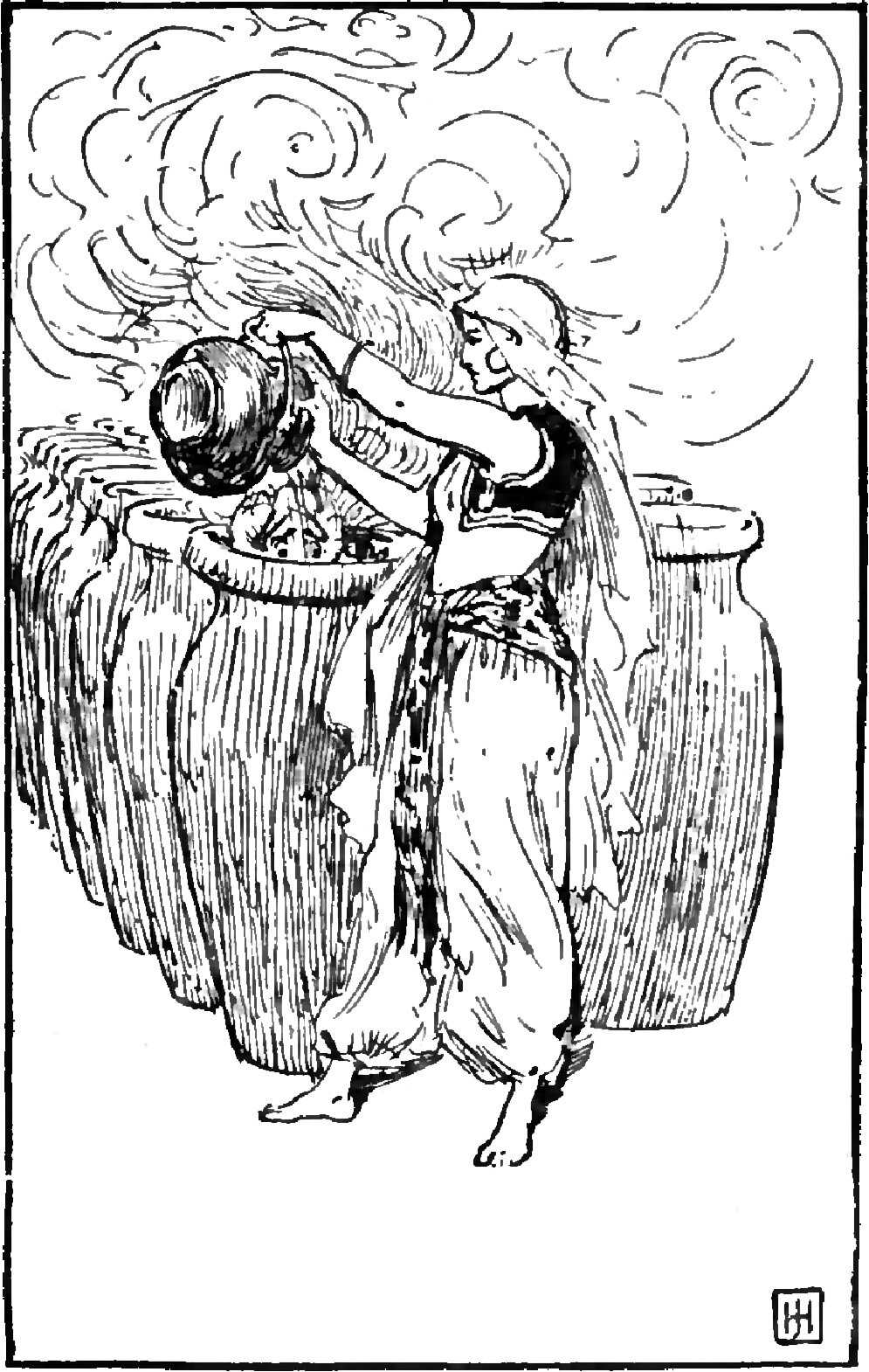 Morgiana, barefoot and bare-armed with her long hair loose down her back, tips a round-bellied pot at arm's length and pours a stream into the open mouth of a tall standing jar in which a head and spread fingers show above the rim, her other hand at her girdle and smoke rolling up in great curling clouds above the other jars standing round her