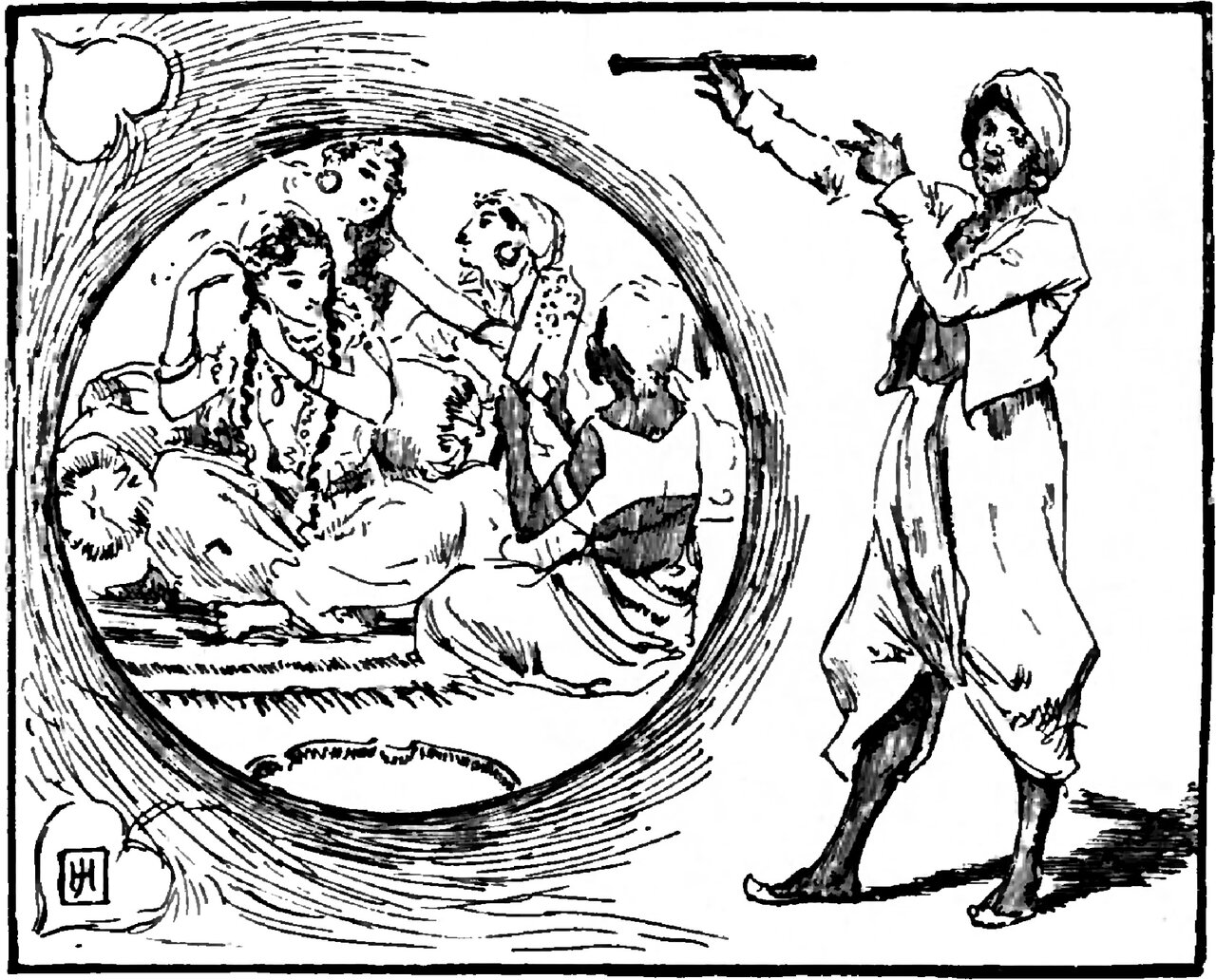 At the right a barefoot bearded man in a large turban strides along with his mouth open, holding a short thick tube aloft in one raised hand and pointing upward with the other, and at the left a large disc encloses a separate scene of a young woman with long ringleted hair seated on cushions on a carpet among several attendant women, one of them leaning over her from behind