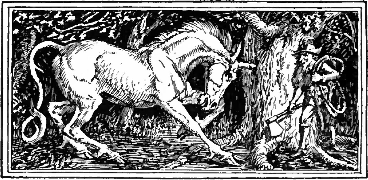 In a wide horizontal band, the unicorn stands with its head down and its horn driven into a tree trunk, its legs braced and its mane flying, while the little tailor, in a broad-brimmed hat, leans out from behind the trunk with an axe in his hand and a coil of rope hanging beside him