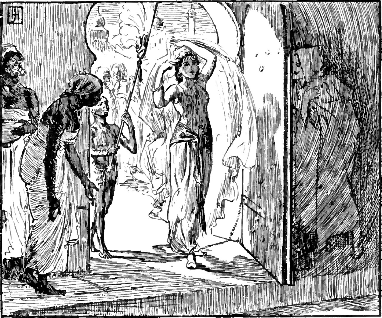 The Princess stands in an open doorway and lifts a long pale veil clear of her face with one raised arm, while a man in a large turban stoops low outside her, a slight bare-legged attendant holds a tall tasselled staff, a third servant waits at the far left, and a heavy patterned curtain hangs beside the door