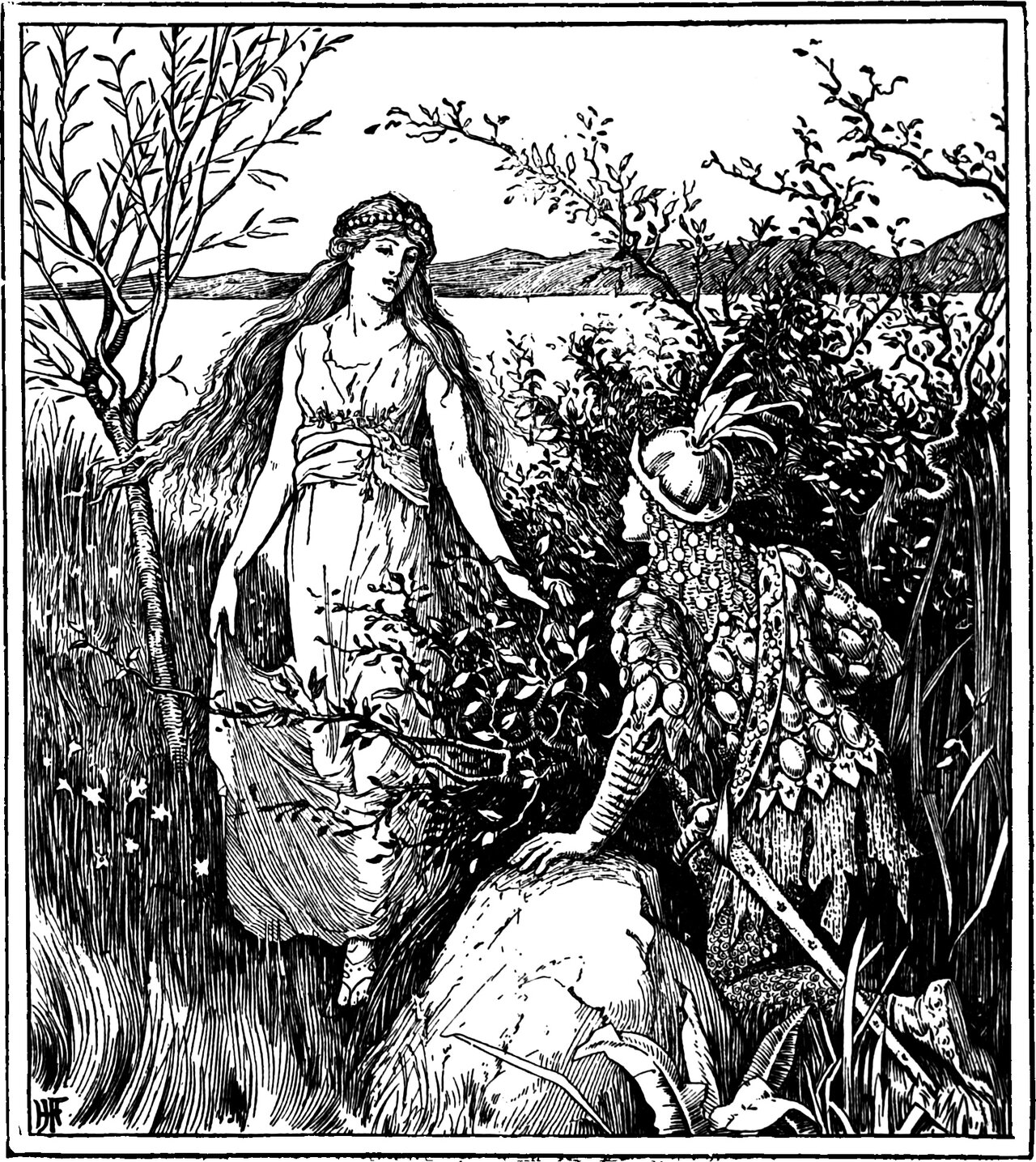 the Princess Hyacinthia, in her white robe and jewelled fillet with her hair loose to her knees, comes barefoot through the reeds towards Prince Milan, who crouches watching from the bushes at the lake's edge, one hand on a boulder