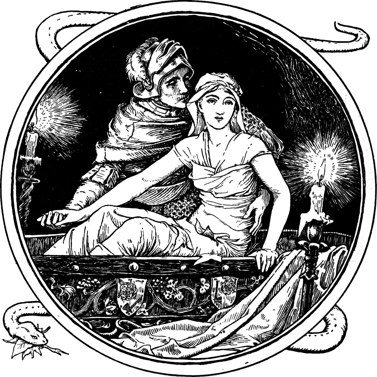 the young King leans over the Queen as she sits up alive on her coffin in the vault, candles burning to either side and the snake with the three leaves in its mouth coiled round the medallion frame