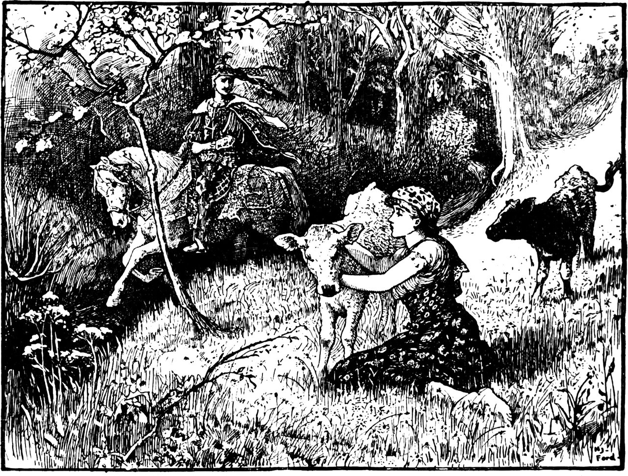 Helena the herd-girl whispers into the ear of her kneeling calf while Prince Fickle rides past behind her