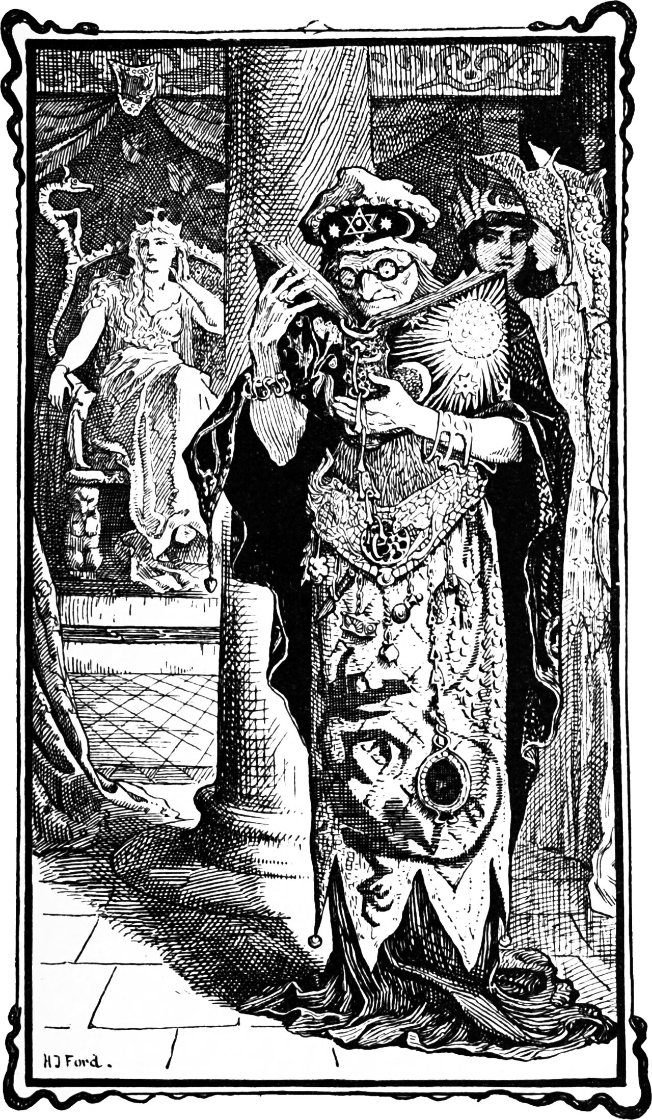 the eldest Fairy reads her Book of Magic through her spectacles while the Princess Sabella sits listless on her throne beyond