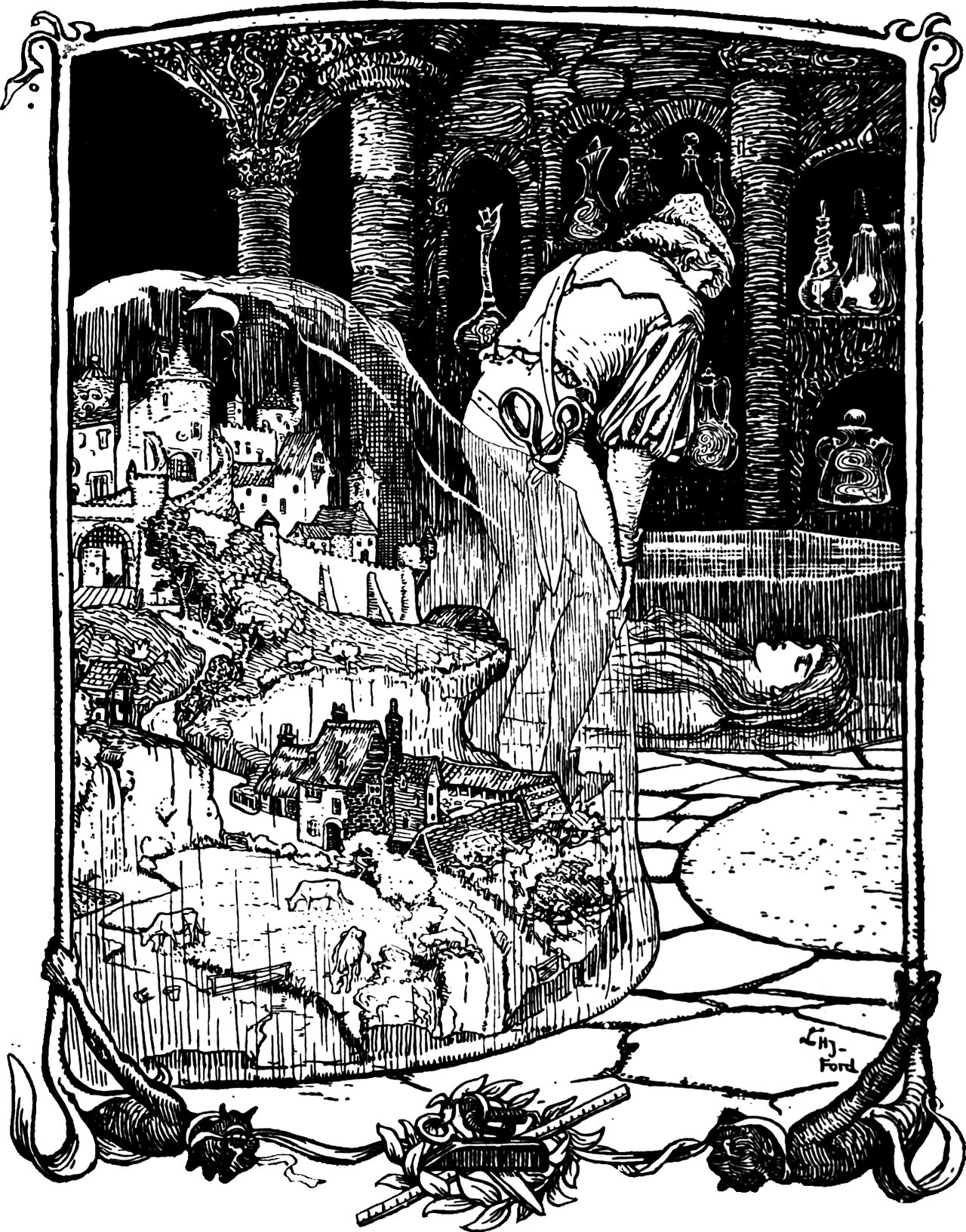 the tailor stoops over the crystal box holding the miniature castle, the sleeping maiden lying in her coffin behind him