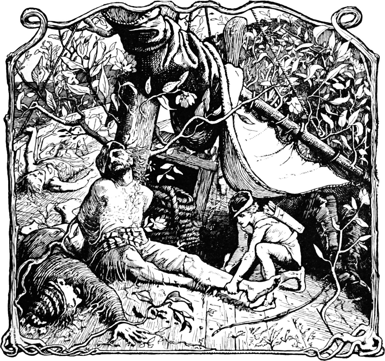 Prince Mannikin kneels on the enchanted ship and prises a rooted sailor's foot from the deck with the point of an arrow