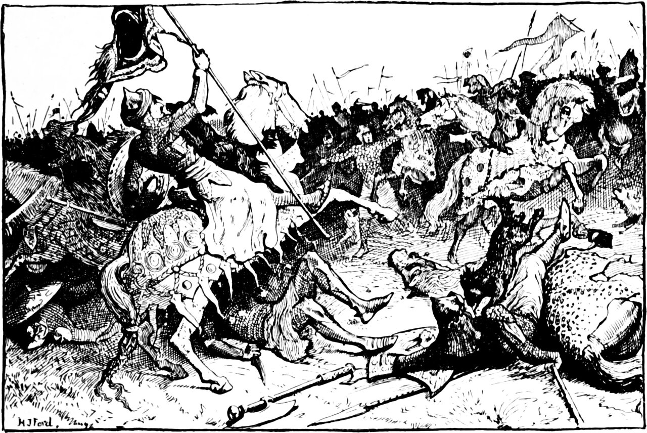 the spaniels spring at the riders' throats and bring down the charging squadron