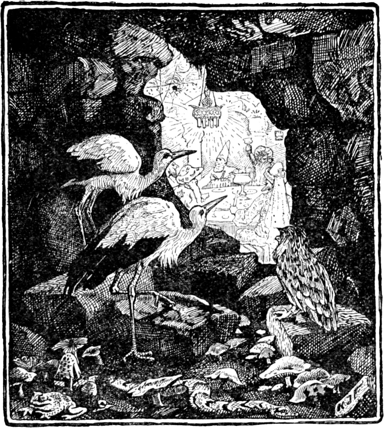 the Caliph and the Vizier as storks, the owl princess perched at their side, peer through the gap in the ruined wall at the sorcerers feasting round a lamplit table