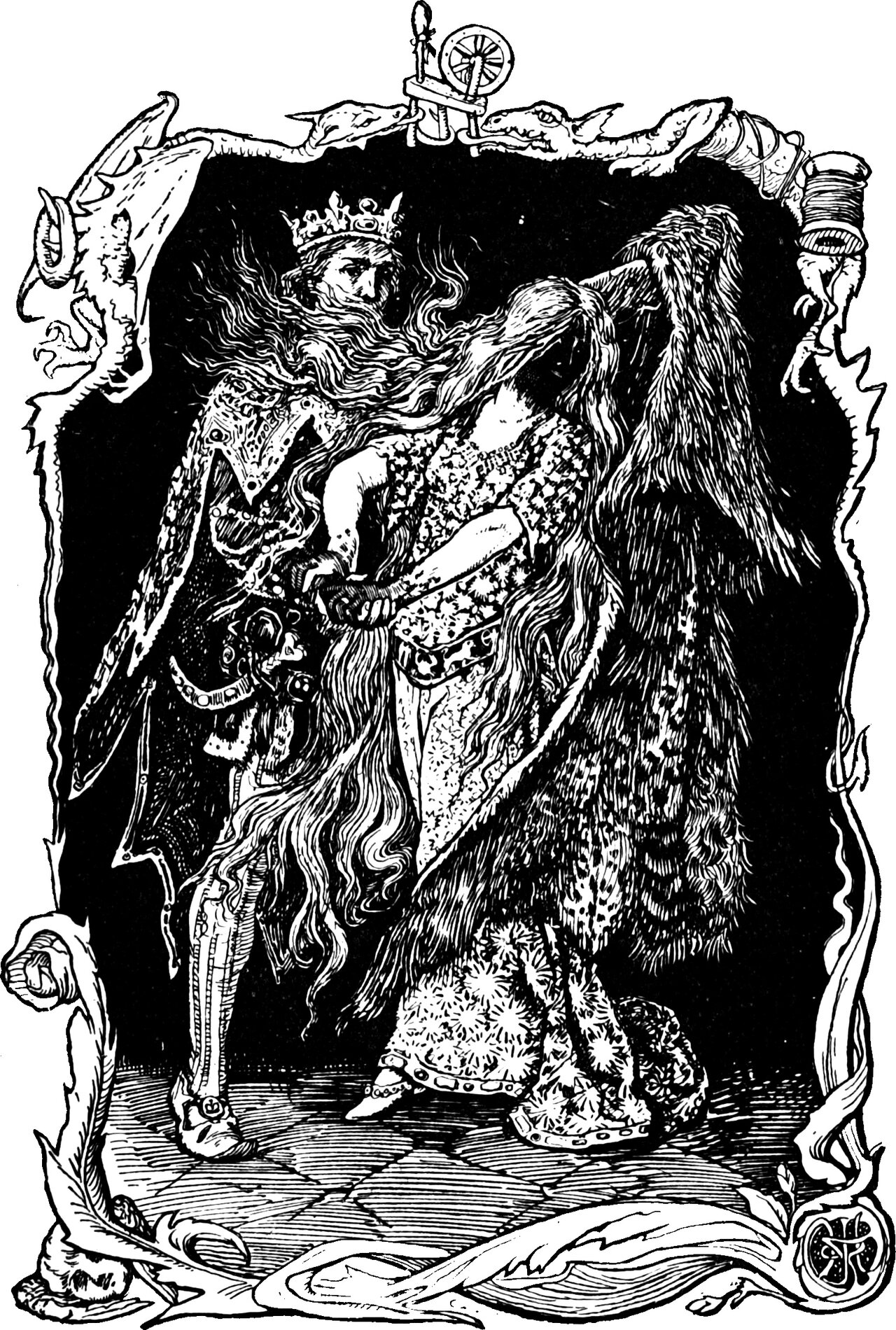 a crowned King's hands close on a young woman's bare wrist while her heavy fur cloak hangs thrown back off her shoulder; her head is bowed and her loosened hair falls across her hidden face, leaving her jewelled collar and star-strewn gown bare, and the two stand on a tiled floor inside a border of lizards carrying a spinning wheel above and a wound reel at the side