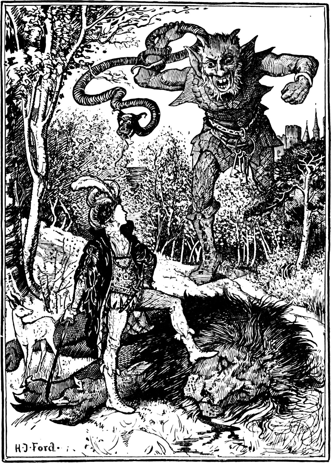 the Green Giant brandishes his serpent over Prince Vivien, who stands sword in hand with the slain green lion sprawled at his feet and the gazelle looking on from behind him