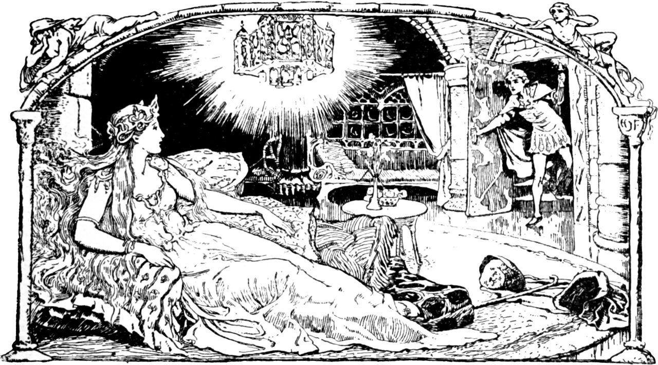 King Charming comes down the secret stair into the Chamber of Echoes, where Fiordelisa sits crowned on her cushions in her white robe