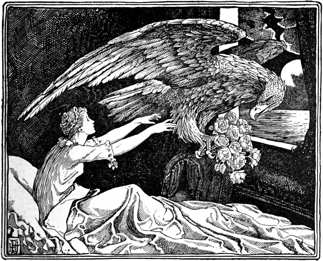 A woman half-risen from her bed, both arms flung out after a great eagle whose spread wings fill the room; the bird grips a bouquet of roses in its talons, with a lit window and moon behind.