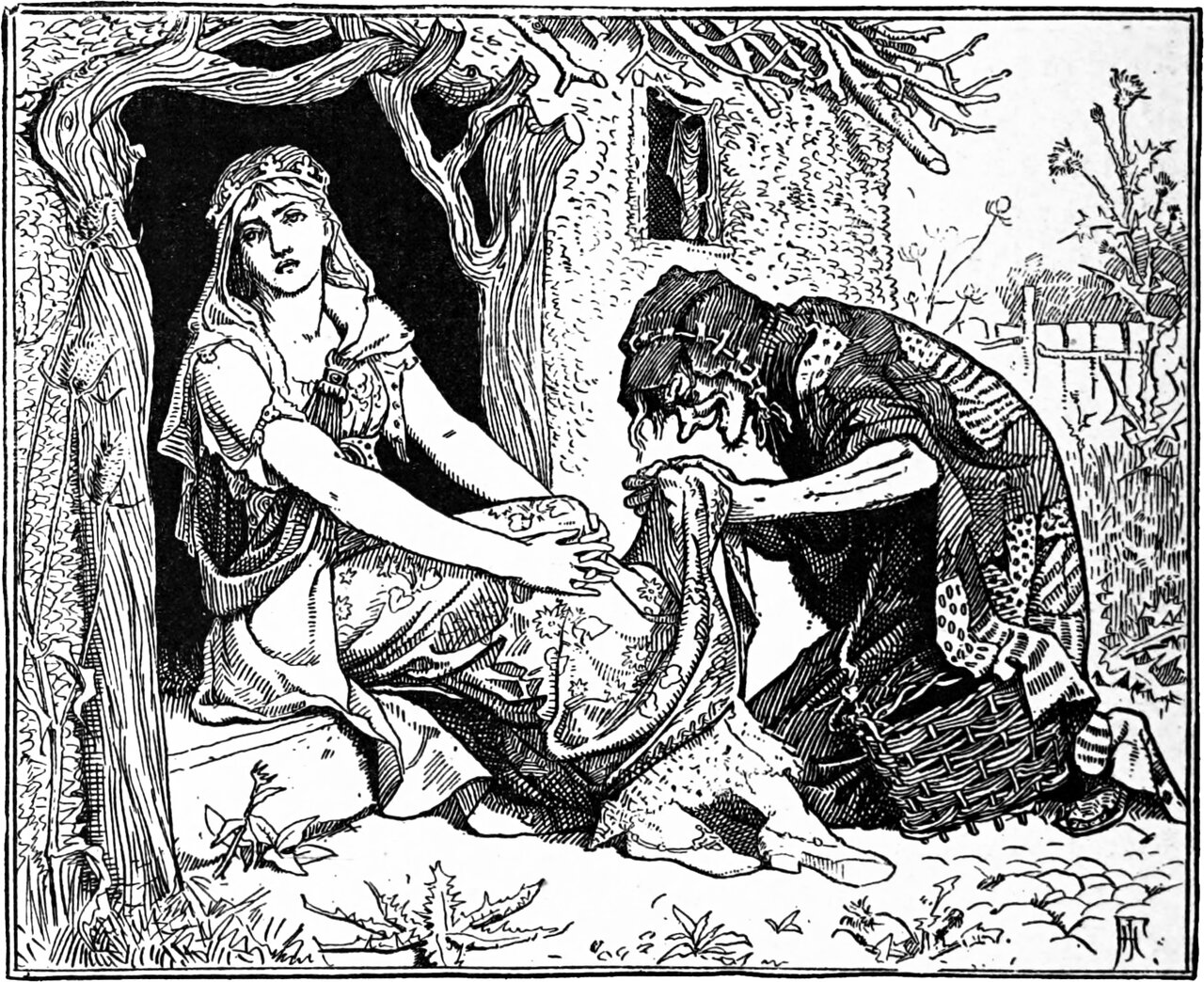 the old woman fingers the Princess Celandine's silken skirt at the door of her hovel