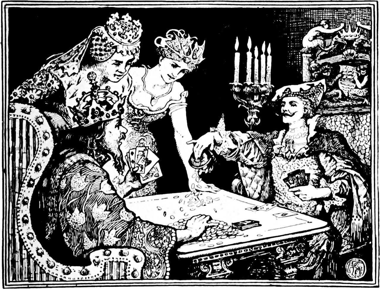 the little soldier tips his purse of crowns onto the card table while the King holds his hand and Ludovine leans across to point at the falling coins
