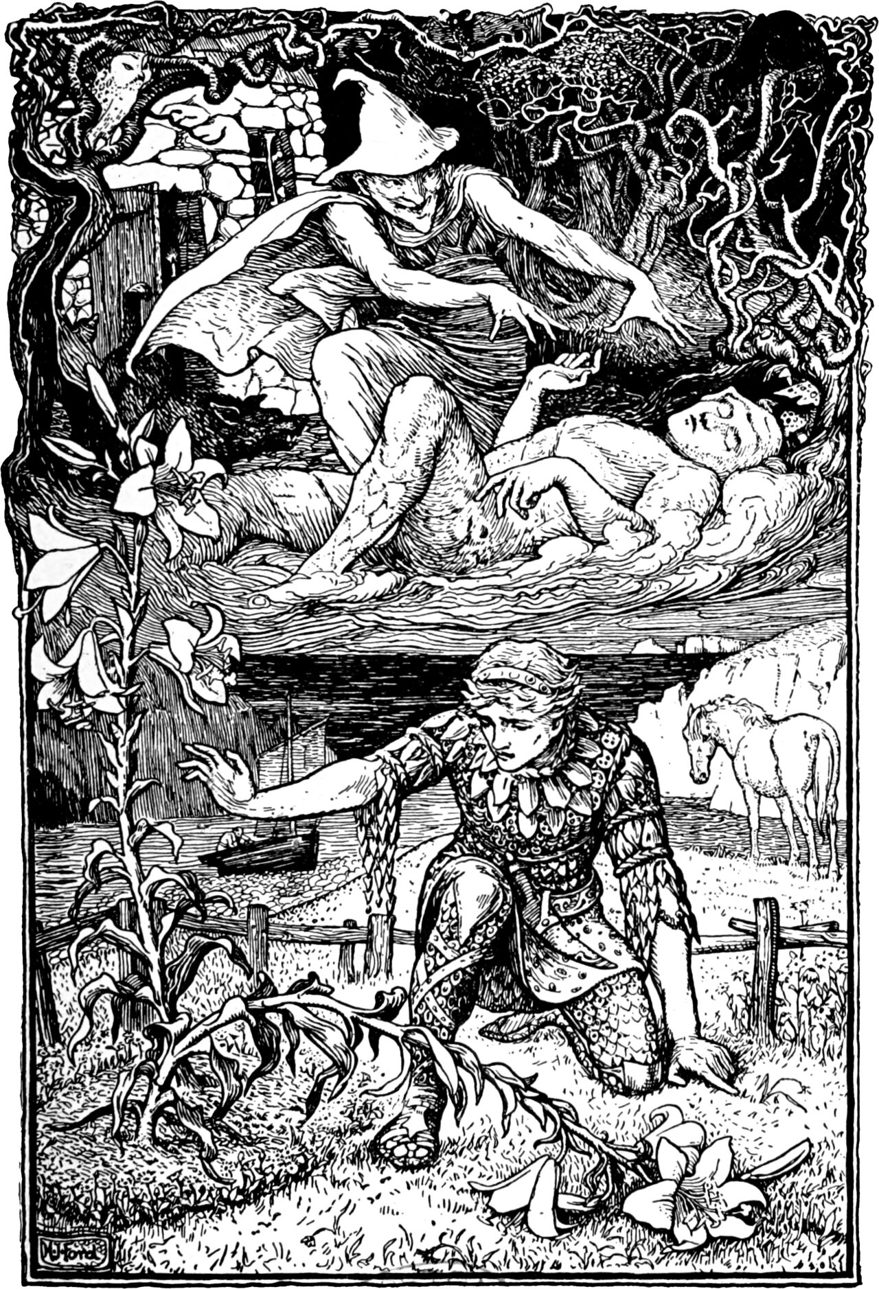 the witch stretches her clawed hands over one golden lad struck down outside her forest hut, while below his brother kneels at home beside the golden lily fallen across the grass