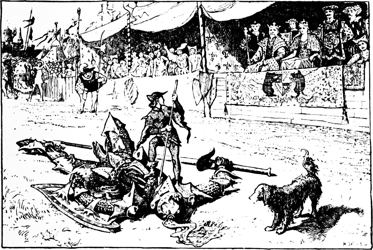 Prince Mannikin sets his foot on the unhorsed Prince Fadasse and stands over him with his spear planted, the spaniel Mousta beside him