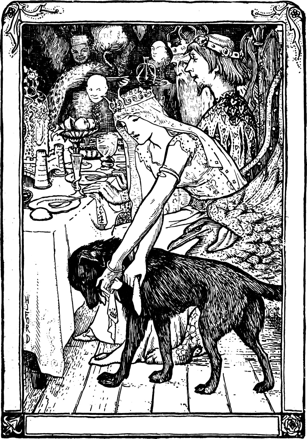 the crowned Princess leans down from the wedding feast to bind her table-napkin round the neck of the shepherd's black dog, the bearded King in his ermine robe and the courtiers at the table looking on