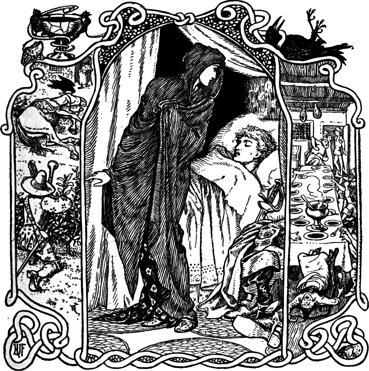 the Princess in her hooded mantle bends over the King's son as he lies in bed, in an interlaced frame whose flanking panels show the servant shooting the raven off the dead horse and the twelve murderers lying dead about the inn table