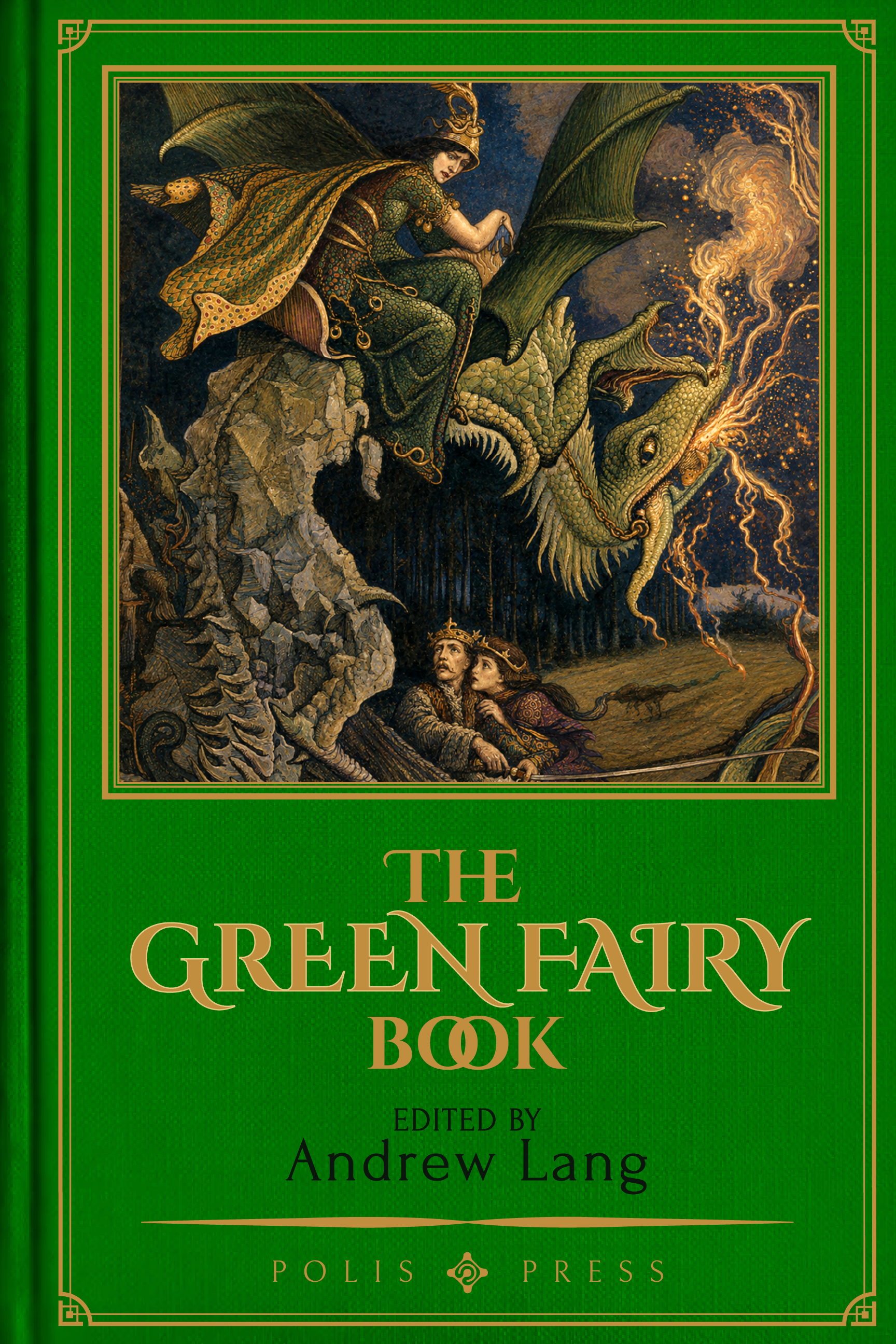 A crowned woman in green rides a winged dragon over a rocky crag, its breath streaming fire across a night sky, while a king and queen shelter on the ground below.